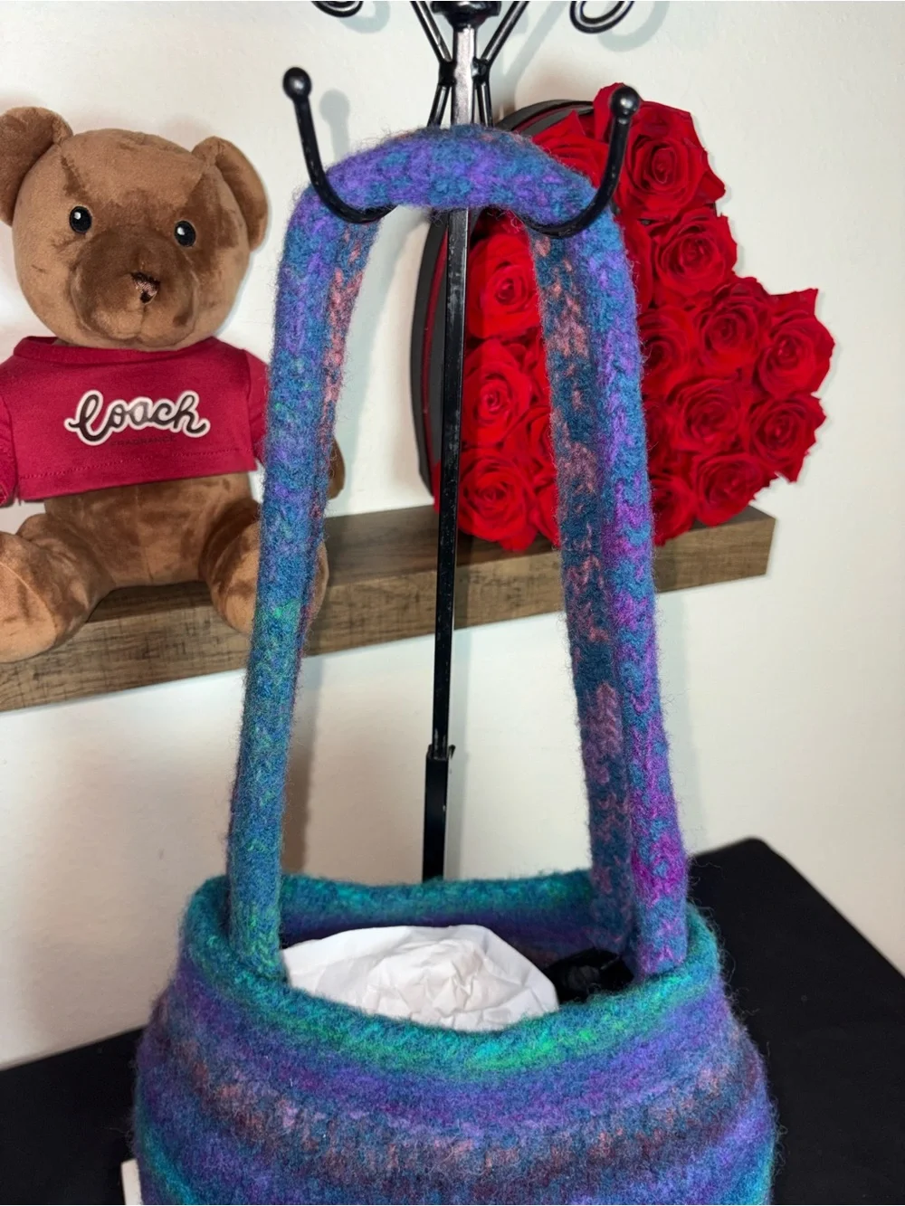 Handcrafted Multicolor Felted Wool Shoulder Bag - Purple & Teal